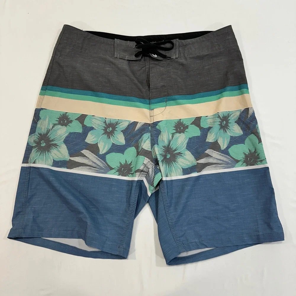 O'Rageous Floral Striped Board Shorts Mens 30 Blue Teal Zipper Pocket Surf core‎